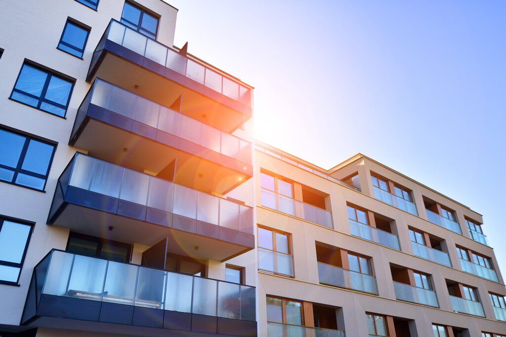 Modern glass high rise apartment block